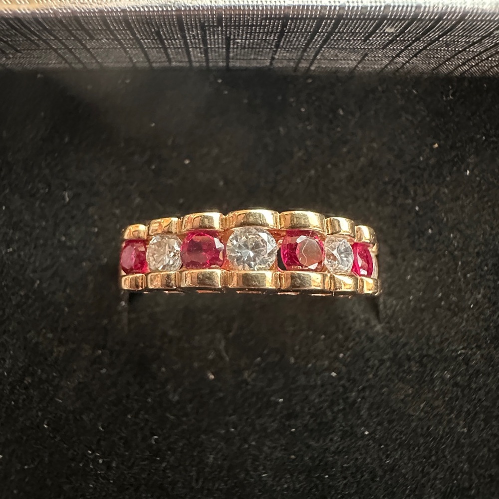 Pink Sapphire CZs 14K Gold Plated Sterling Silver Ring Size 8 Band Stackable